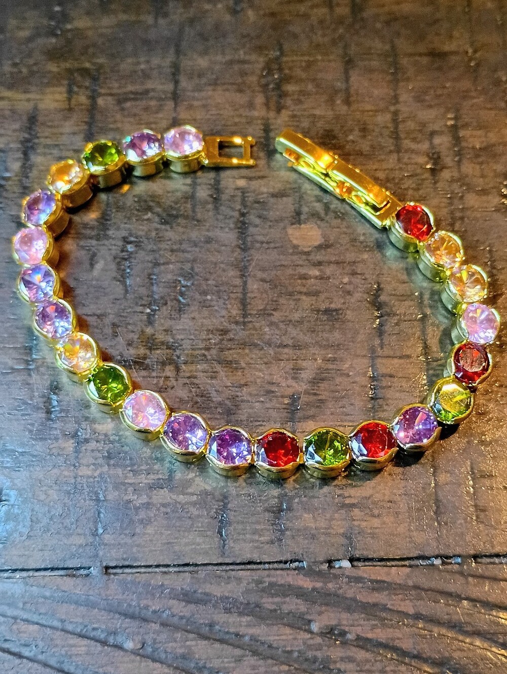 New Gold-Tone Multicolor Crystal Tennis Bracelet - Pink, Green, Red, Purple
